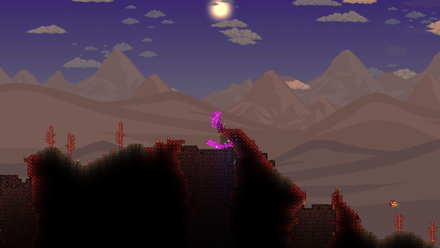 Nächtliche Crimson-Landschaft mit rotem Gestein vor bräunlichen Bergen unter dem Mond.